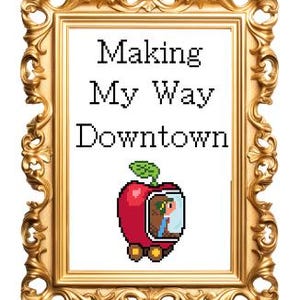 May include: A framed art print with the text "Making My Way Downtown." The artwork features a red apple with a person inside a vehicle. The frame is ornate and gold-colored, adding a decorative touch to the piece.