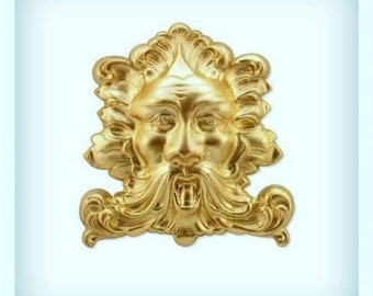 Greenman Leaf Face Brass Stamping, Woodland Face Embellishment Finding USA Made ( 1 )