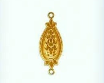 May include: A gold pendant with a detailed floral design in the shape of a teardrop. The pendant has two loops at the top for attaching to a chain.