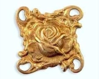 Art Nouveau Rose Jewelry Connector, Flower Brass Finding Stamping (4 )