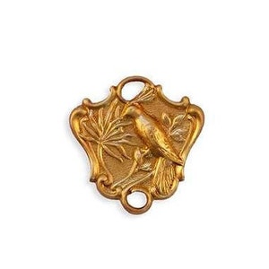 Art Nouveau Bird Jewelry Connectors, Bird Shield 2 Loop Jewelry Finding Brass Stampings ( 4 ) USA Made