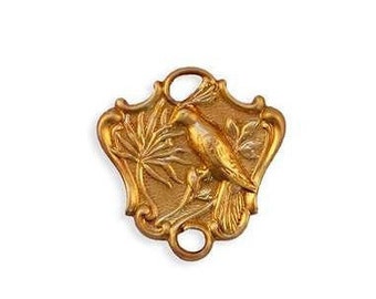 Art Nouveau Bird Jewelry Connectors, Bird Shield 2 Loop Jewelry Finding Brass Stampings ( 4 ) USA Made