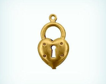 Heart Padlock Brass Charms, Raw Brass 3D Heart Charms, USA Made ( 4 )*