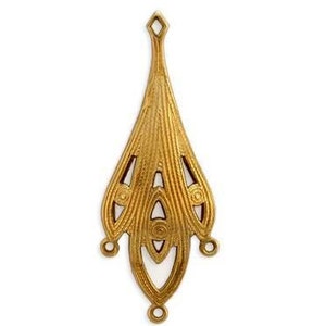 May include: Gold-toned metal pendant with a decorative, geometric design. The pendant has a teardrop shape with three loops at the bottom.