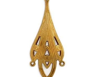 May include: Gold-toned metal pendant with a decorative, geometric design. The pendant has a teardrop shape with three loops at the bottom.