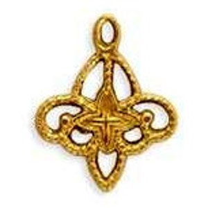 May include: Gold-toned metal pendant with a decorative, intricate design. The pendant has a filigree pattern with a star-shaped center.