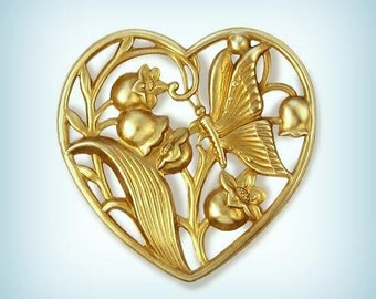 Heart Medallion Brass Stamping Dapt, Brass Butterfly Heart Stamping Finding USA Made ( 1 +)