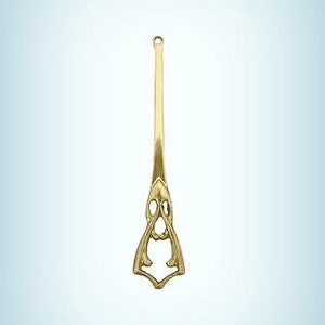 May include: A gold-colored metal pendant with an intricate design. The pendant is shaped like a teardrop with a small loop at the top for hanging.