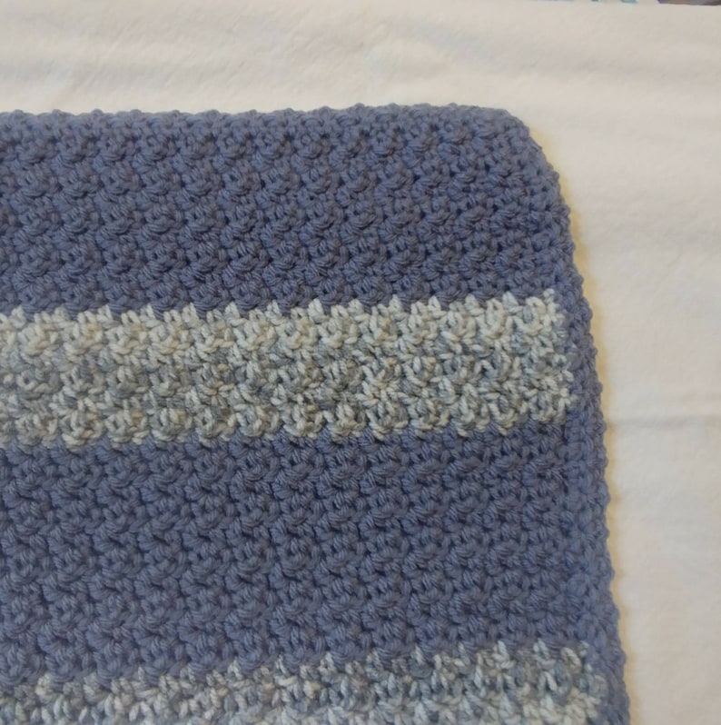 Crocheted 3 Piece Baby Boy Striped Newborn Blanket Hat Beanie Slippers Loafers Slate Blue Gray White Textured 23 x 25