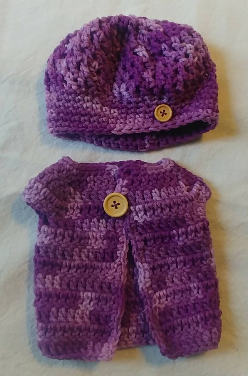 2 Piece Crocheted Matching Winter Slouch Hat and Sweater Vest Multi Toned Purple 18 Doll American Girl