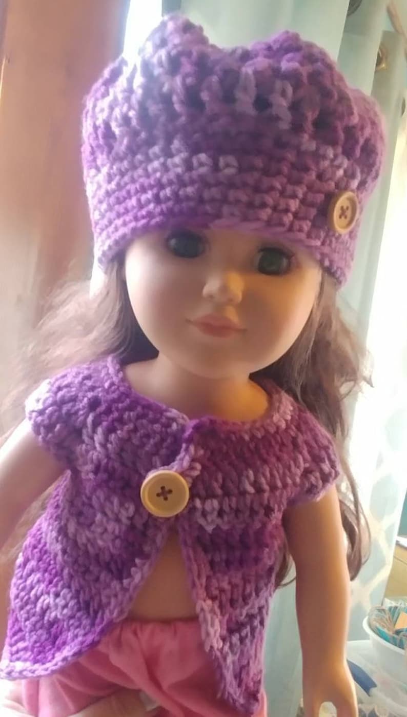 2 Piece Crocheted Matching Winter Slouch Hat and Sweater Vest Multi Toned Purple 18 Doll American Girl