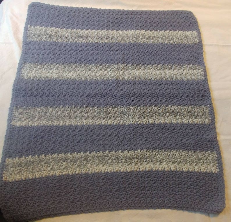 Crocheted 3 Piece Baby Boy Striped Newborn Blanket Hat Beanie Slippers Loafers Slate Blue Gray White Textured 23 x 25