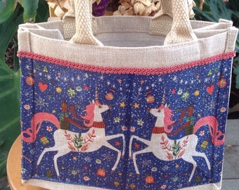 Small quality jute tote bag embellished with charming decoupage motifs