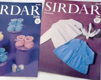 Two (2) Sirdar Knitting Patterns Birth-6 Months 3176 is 3ply Bootees, 3174 is 8ply Cardigans