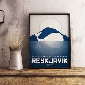 Reykjavik print. Iceland cityscape. Reykjavik skyline. Wall decor art. Typography art. Digital print. City. Whale. Travel. image 3