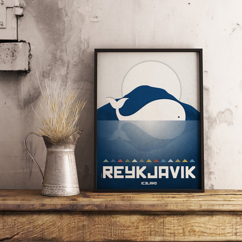 Reykjavik print. Iceland cityscape. Reykjavik skyline. Wall decor art. Typography art. Digital print. City. Whale. Travel. image 3