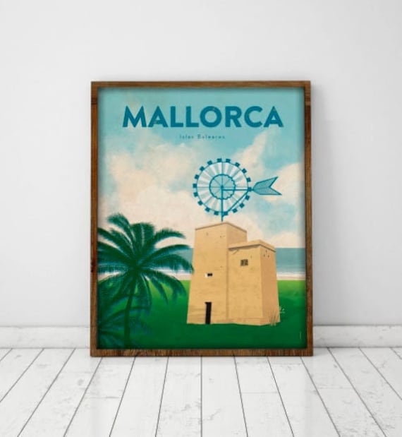 Mallorca.  Baleares.  Spain.  Poster.  Poster.  Art.  Digital printing.  Illustration.  Travels.  Windmill