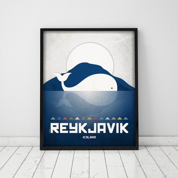 Reykjavik print. Iceland cityscape. Reykjavik skyline. Wall decor art. Typography art. Digital print. City. Whale. Travel.