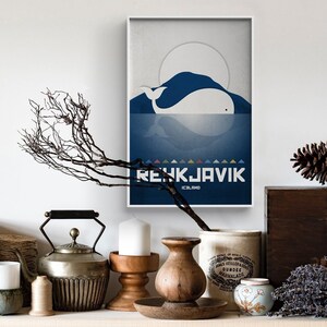 Reykjavik print. Iceland cityscape. Reykjavik skyline. Wall decor art. Typography art. Digital print. City. Whale. Travel. image 4