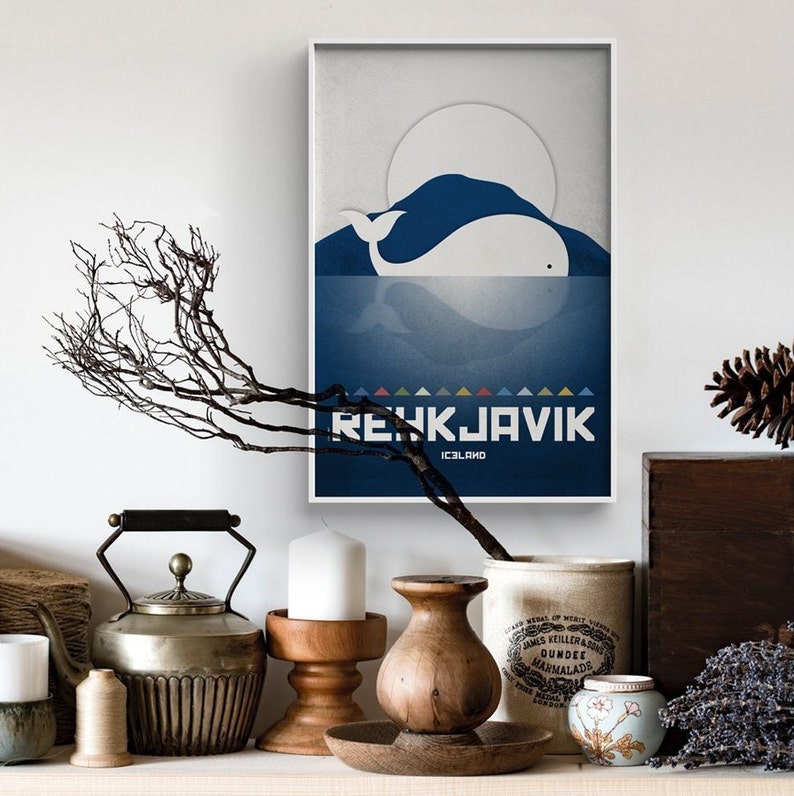 Reykjavik print. Iceland cityscape. Reykjavik skyline. Wall decor art. Typography art. Digital print. City. Whale. Travel. image 4