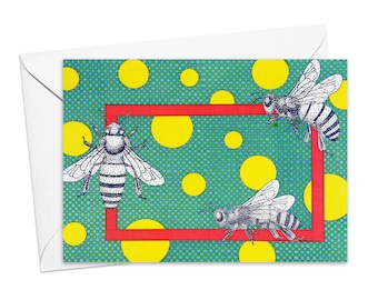 Bees Greeting Cards, Set of 6 with Envelopes, Thank You Notes, Blank Inside