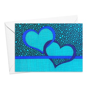 May include: Two blue hearts with a blue line underneath, on a turquoise background with a black and turquoise pattern.