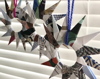 Set of 3 ORIGAMI DECORATIONS hand folded from reclaimed paper
