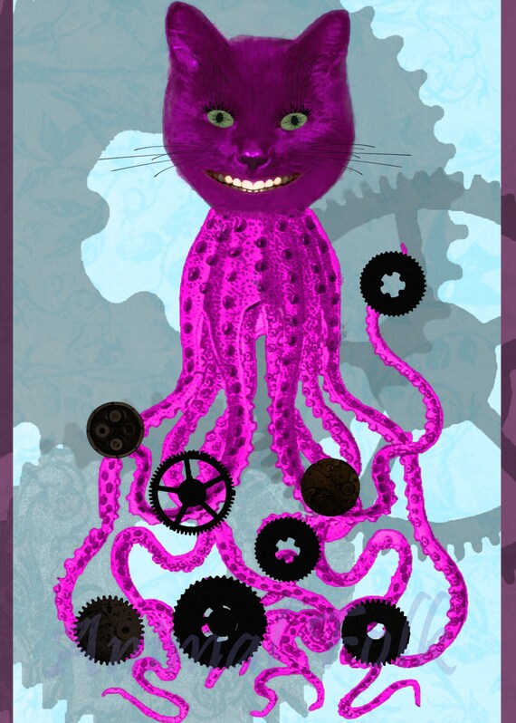 STEAMPUNK OCTOPUSSY octopus cat digital surreal art print Etsy