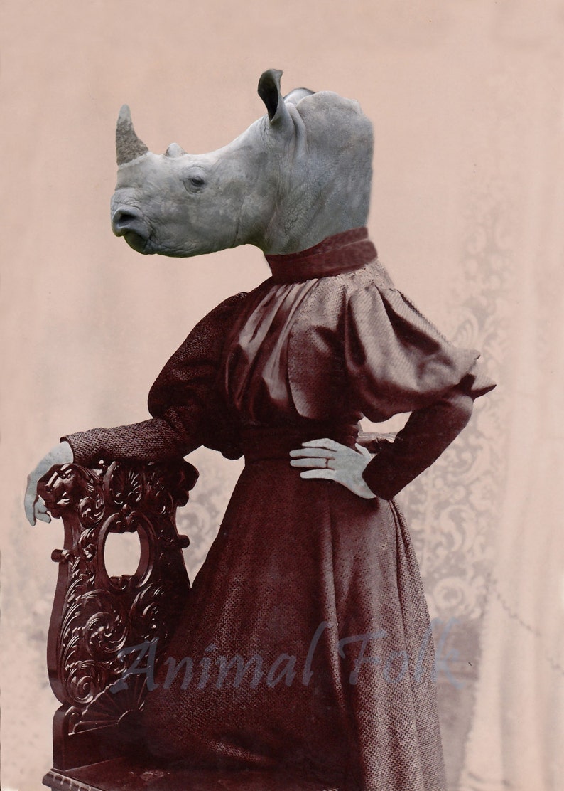Rhinoceros RHINO GIRL Art digital Collage anthropomorphic Etsy