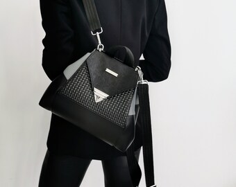 Black Backpack Bag / Vegan leather bag / Vegan bagpack / Black leather bag / Handmade bag / Black Gray Handbag / Multifunctional leather bag