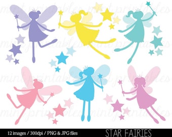 Fairy Silhouette Digital Clipart Clip Art, Clipart Fairies, Star Fairies, Crown, Fairy Princess - Commercial & Personal - BUY 2 GET 1 FREE!