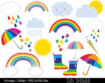 Rainbow Clipart Clip Art, Rain Cloud Raindrops Sun Sky Stars Hearts Gumboots Boots Umbrella - Commercial & Personal - BUY 2 GET 1 FREE!