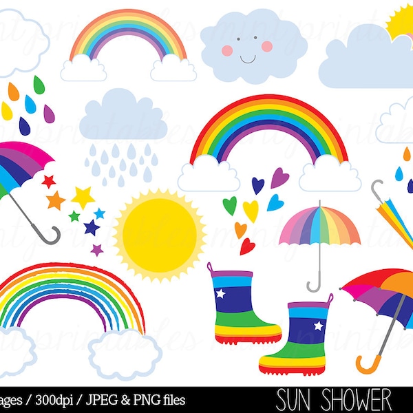 Rainbow Clipart Clip Art, Rain Cloud Raindrops Sun Sky Stars Hearts Gumboots Boots Umbrella - Commercial & Personal - BUY 2 GET 1 FREE!