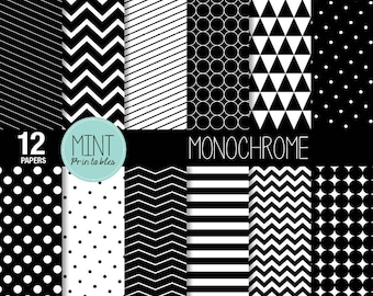 Black and White Scrapbooking Paper, Monochrome Digital Paper, Patterned, Printable Sheets, stripes chevron background - BUY 2 GET 1 FREE!