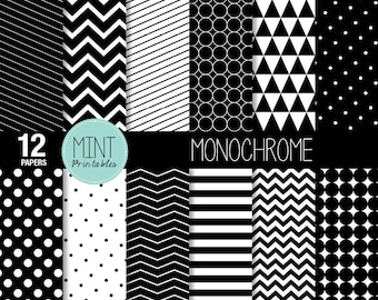 May include: Twelve black and white printable digital paper patterns. The patterns include polka dots, stripes, zigzags, and circles. The text "MINT Printables" and "MONOCHROME" are included in the image.