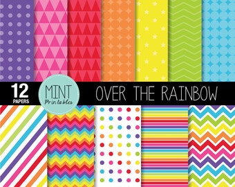 Rainbow Digital Paper, Bright Rainbow Colored Scrapbooking Paper, Printable Sheets, Polka dots, Chevron, Stripes - BUY 2 GET 1 FREE!