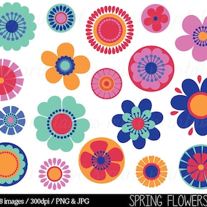 Flower Clipart, Flower Clip Art, Bright Flowers, Spring Flowers Clipart, Retro flowers, Floral - Commercial & Personal - BUY 2 GET 1 FREE!