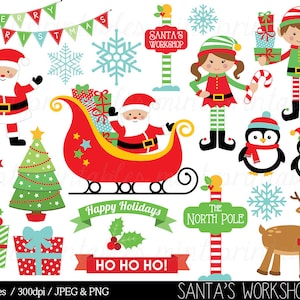 以下が含まれることがあります： クリスマスのテーマのデジタルクリップアート画像20点セット。画像には、サンタクロース、エルフ、ペンギン、トナカイ、そり、プレゼント、クリスマスツリー、雪片、そして「サンタのワークショップ」と書かれた看板が含まれています。