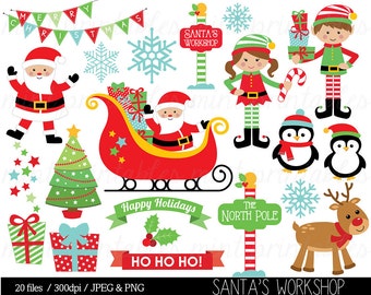 Christmas Clipart, Santa Claus Clip Art, Elf, Elves, Sleigh, Reindeer, Bunting, snowflake, tree - Commercial & Personal - BUY 2 GET 1 FREE!