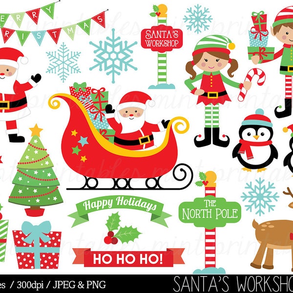 Christmas Clipart, Santa Claus Clip Art, Elf, Elves, Sleigh, Reindeer, Bunting, snowflake, tree - Commercial & Personal - BUY 2 GET 1 FREE!