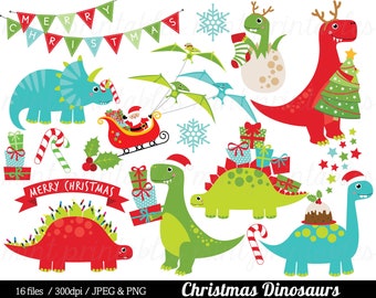 Christmas Clipart, Dinosaur Clip Art, Dinosaurs Santa Tyrannosaurus Rex Stegosaurus Xmas - Commercial & Personal - BUY 2 GET 1 FREE!