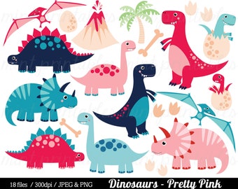 Dinosaur Clipart, Pink Dinosaurs Clip Art, T Rex Stegosaurus Triceratops Pink Girl dino party - Commercial & Personal - BUY 2 GET 1 FREE!
