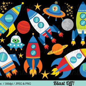 Space Rocket Clipart, Rocket Clip Art, Spaceship Rocketship Alien Blast Off Space Planets Moon - Commercial & Personal - BUY 2 GET 1 FREE!