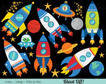 Space Rocket Clipart, Rocket Clip Art, Spaceship Rocketship Alien Blast Off Space Planets Moon - Commercial & Personal - BUY 2 GET 1 FREE!