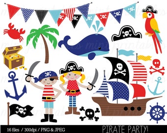 Pirate Clipart, Piratas Clip Art, Náutico, Ballena, Ancla, Barco Pirata, Tesoro, Bandera, Bunting - Comercial y Personal - COMPRAR 2 OBTENER 1 GRATIS!