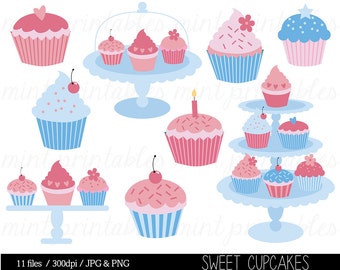 Cupcake Clipart, Digital Cup Cake Clip Art, Birthday Party Clipart, Invitation, Gender Reveal - Commercial & Personal - BUY 2 GET 1 FREE!