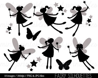 Fairy Silhouette Clipart, Fairy Clip Art, Digital Clipart Fairies, Fairy Princess, Star, Crown - Commercial & Personal - BUY 2 GET 1 GRATIS!