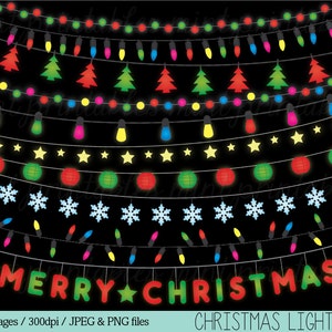May include: A set of 28 digital images featuring various Christmas light designs. The images include strings of lights with different colors, shapes, and patterns, such as stars, snowflakes, and Christmas trees. The text "MERRY CHRISTMAS" is also included in one of the images.