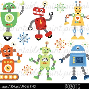 Robot Clipart, Digital Robots Clip Art, Birthday Clipart, Robot Party, Retro Robot Clipart - Commercial & Personal - BUY 2 GET 1 FREE!
