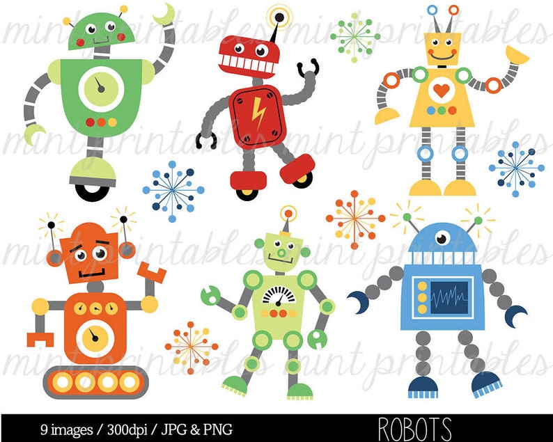 Robot Clipart, Digital Robots Clip Art, Birthday Clipart, Robot Party, Retro Robot Clipart Commercial & Personal BUY 2 GET 1 FREE image 1